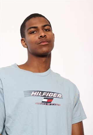 VINTAGE TOMMY HILFIGER ATHLETICS PRINT LOGO T-SHIRT BLUE