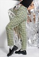 90S GRUNGE Y2K NEON GREEN NAVY CHECKERED HIGH RISE PANTS