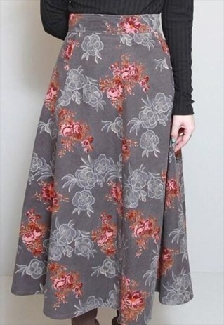 VINTAGE 1970'S FLORAL CORDUROY A-LINE MIDI SKIRT