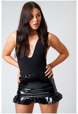 Black PVC Frilled Hem Wet Look Short Mini High Waist Skirt