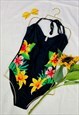 VINTAGE 80S BLACK FLORAL PRINT TIE UP SWIMSUIT