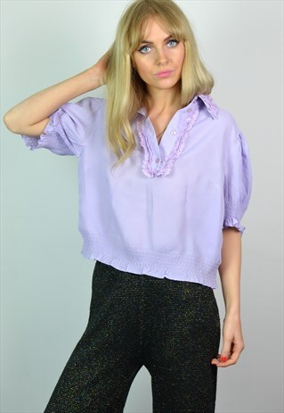 VINTAGE 70S LILAC RUFFLE CROP BLOUSE / SHIRT