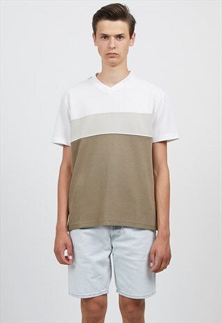 90S VINTAGE BROWN WHITE GLOSS LOGO V-NECK T-SHIRT