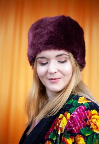 VINTAGE 90S FAUX FUR HAT MAROON PURPLE WINTER