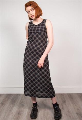 VINTAGE 90'S BLACK CHECKED PATTERN MIDI DRESS