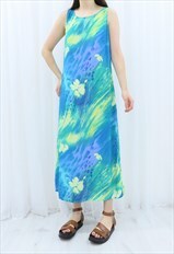 90s Vintage Blue & Green Floral Maxi Dress