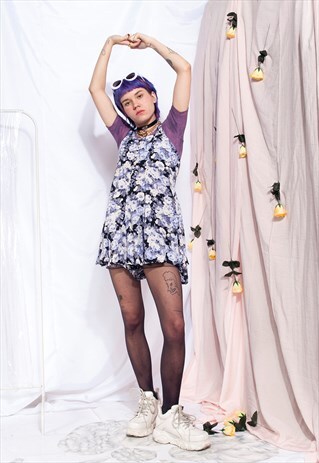 VINTAGE PLAYSUIT DRESS 90S BUTTON FRONT FLORAL ROMPER