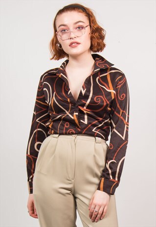 VINTAGE 70'S BROWN SWIRL PATTERN OPEN COLLAR SHIRT