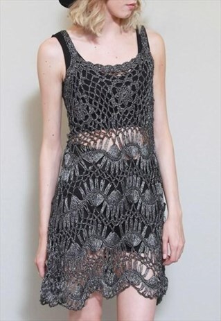 VINTAGE 1970'S PREMIUM METALLIC CROCHET MINI FESTIVAL DRESS