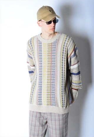 VINTAGE 90S BEIGE COLOURFUL STRIPED KNIT JUMPER