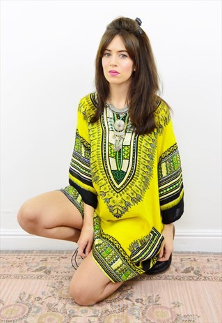 VINTAGE 90S BRIGHT YELLOW TRIBAL OVERSIZED FESTIVAL TOP