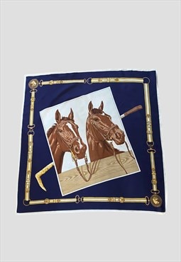 70's Equestrian Horse Print Blue Baroque Belt Ladies Scarf