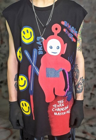 GRAFFITI RUDE SLOGAN TEE TELETUBBIES PRINT RAVE VEST TOP