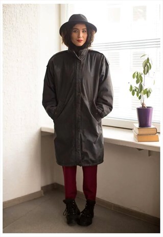 VINTAGE 90'S DARK GREY/BLUE PATTERNED PARKA COAT