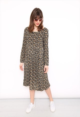 VINTAGE 90S DARK FLORAL PRINT SLEEVE LONG DRESS