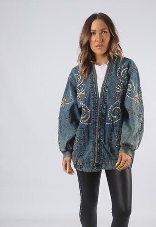 VINTAGE DENIM BOMBER JACKET EMBROIDERED UK 10 SMALL (GB3V)