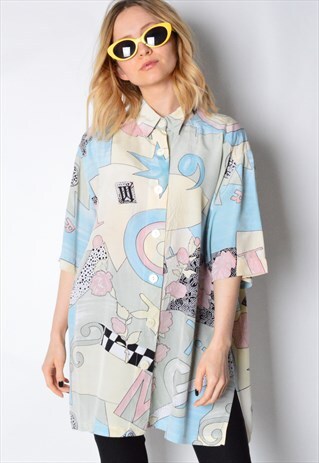 VINTAGE 80S PASTEL ABSTRACT SHORT SLEEVE SHIRT