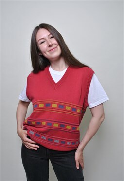 Y2k knit vest, vintage red knitted v-neck sweater vest