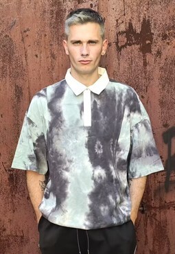 Oversized gradient tie-dye polo shirt bleached collar top