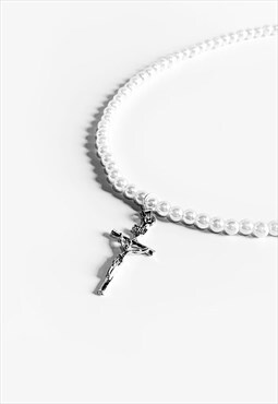18" Cross Pendant Faux Pearl Necklace Chain - Cream/Silver 