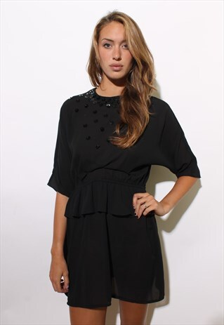 VINTAGE 1980'S 80'S SEQUINED BLACK CHIFFON PEPLUM DRESS S-M