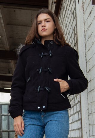 WOMENS VINTAGE RETRO BLACK SUPER WARM DUFFLE COATJACKET