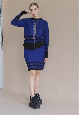 Vintage 80s Formal Crew Neck Dark Blue Women Skirt Suit In S