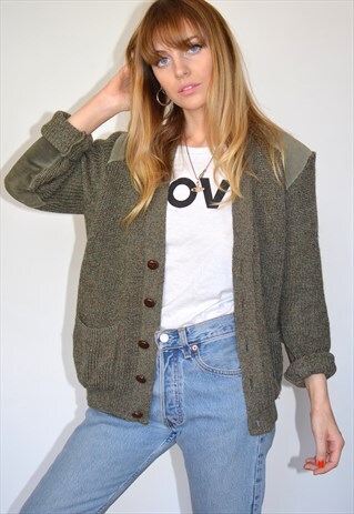 VINTAGE 70S KHAKI GREEN KNITTED CARDIGAN