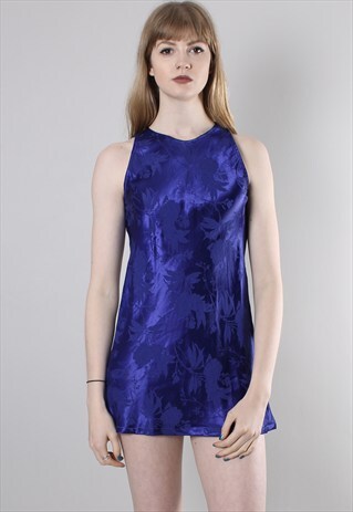 VINTAGE 60S PURPLE SATIN PATTERNED MINI SHIFT DRESS