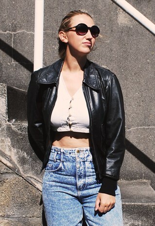VINTAGE BLACK LEATHER BOMBER JACKET