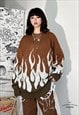 FLAME PRINT SWEATER Y2K FIRE JUMPER RETRO KNIT TOP IN BROWN