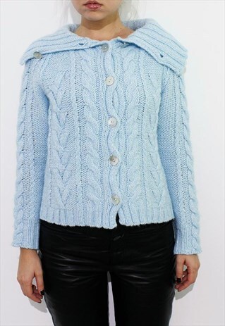 VINTAGE POWDER BLUE CABLE KNIT WOOL CARDIGAN HIGH NECK