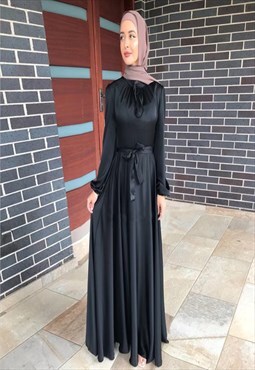 Black Satin Belted Long Sleeve Modest Abaya Maxi Dress