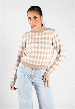 JUSTYOUROUTFIT Beige Diamond Check Print High Neck Jumper 