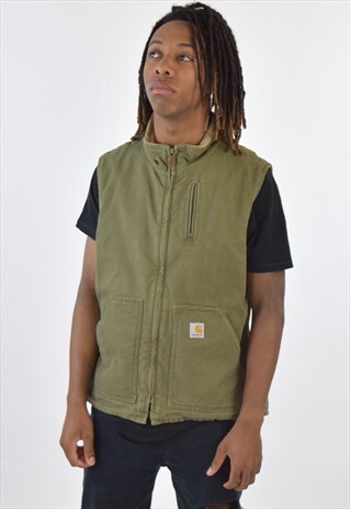 VINTAGE 90S GREEN CARHARTT FLEECE LINED WORK GILET
