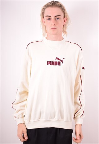 PUMA MENS VINTAGE SWEATSHIRT JUMPER MEDIUM OFF WHITE 90S