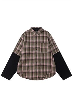 Reworked sleeves shirt checked blouse plaid top brown pink
