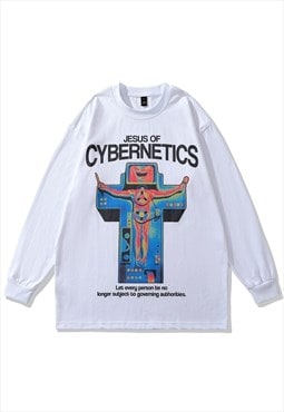Thermal print t-shirt cyber punk tee retro Jesus top white