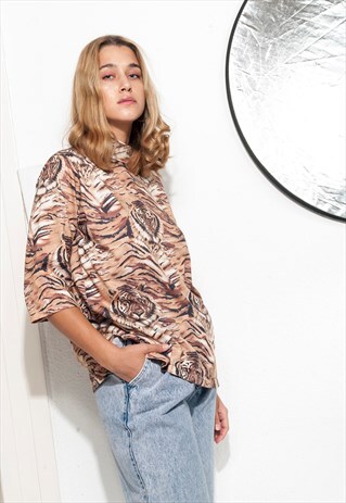 TIGER TOP 90S VINTAGE ANIMAL PRINTED MOCK NECK T-SHIRT