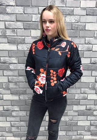 NAVY FLORAL HOODED PUFFA JACKET