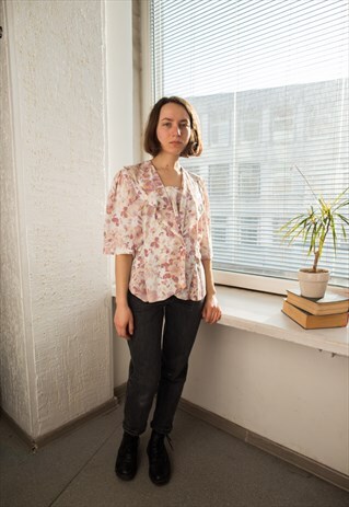 VINTAGE 70'S CREAM FLOWER PRINT DOUBLE BREASTED BLOUSE