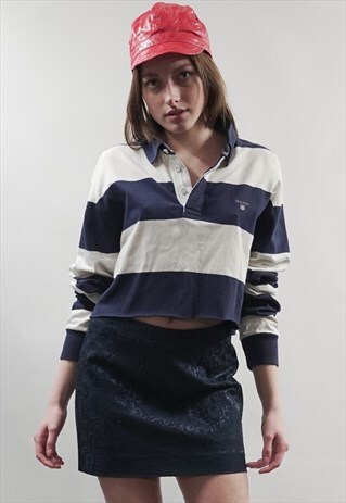 VINTAGE 90'S GANT REWORKED NAVY/ WHITE STRIPED CROP POLO TOP