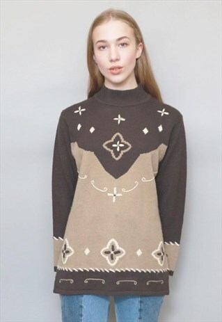 VINTAGE 1970'S SOFT BROWN STITCHING PATTERN JUMPER