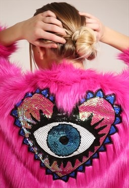 Threaded Tribe Pink Faux Fur Evil Eye Heart Jacket Festival