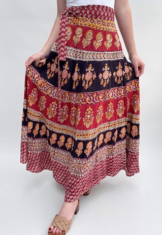 Vintage Ladies Skirt 70's Brown Indian Cotton Maxi Wrap