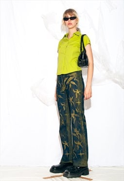 Reworked Vintage Y2K Hand-Painted Flare Jeans in Green