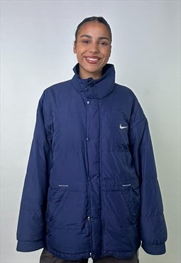 Navy Blue 90s NIKE Embroidered Swoosh Puffer Jacket Coat