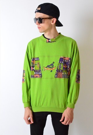 VINTAGE 90S GREEN ABSTRACT AZTEC SWEATSHIRT JUMPER