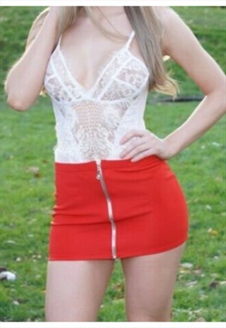 RED MINI SKIRT SILVER FULL ZIP HIGH WAIST BODYCON SKIRT