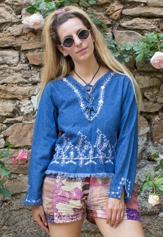 VINTAGE 90'S DENIM EMBROIDERED LACE UP TUNIC